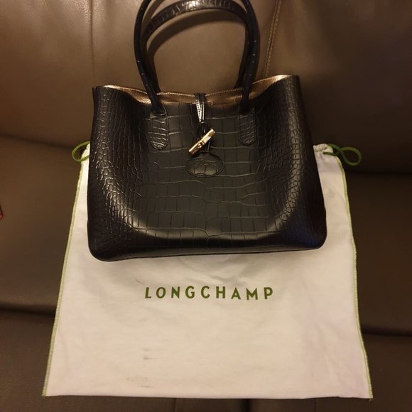 Longchamp Roseau Black Croc Embossed Leather Tote Handbag - Picture 3 of 6